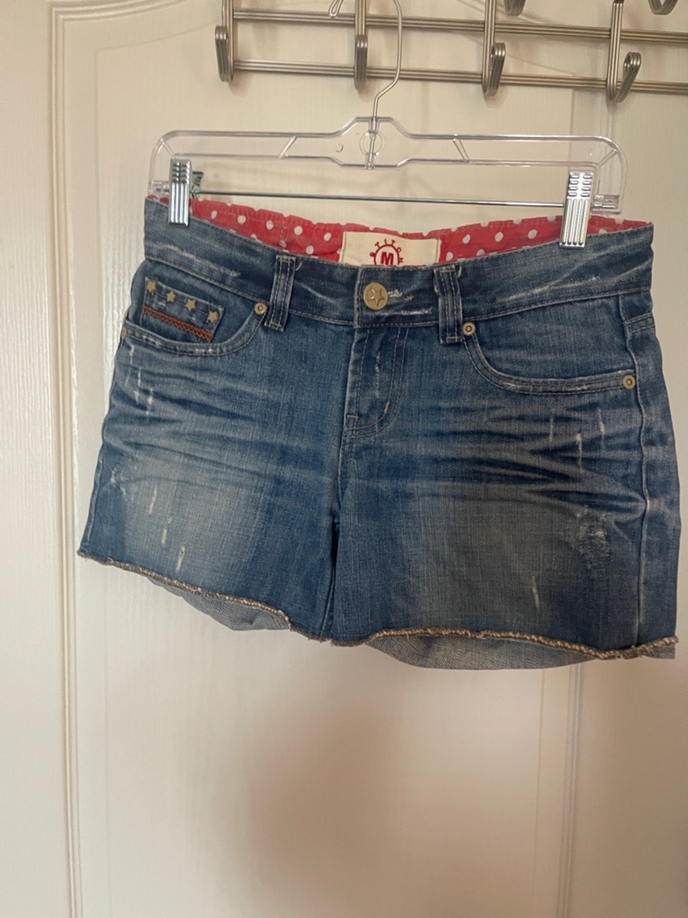 Denim Jean Shorts with Red Polka Dot Lining